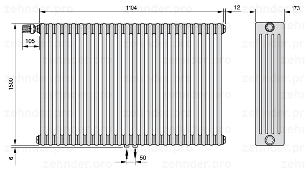 Схема (чертеж) Радиатор Zehnder Charleston 5150/24 №V007 Белый глянцевый RAL 9016